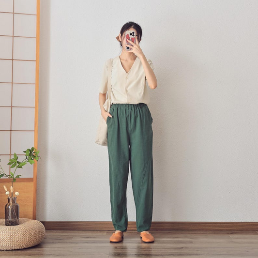 Elastic Waist Cotton Linen Pants with Pockets