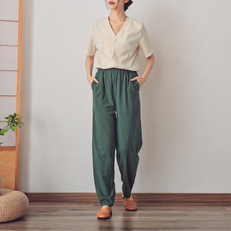 Elastic Waist Cotton Linen Pants with Pockets