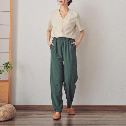 Elastic Waist Cotton Linen Pants with Pockets