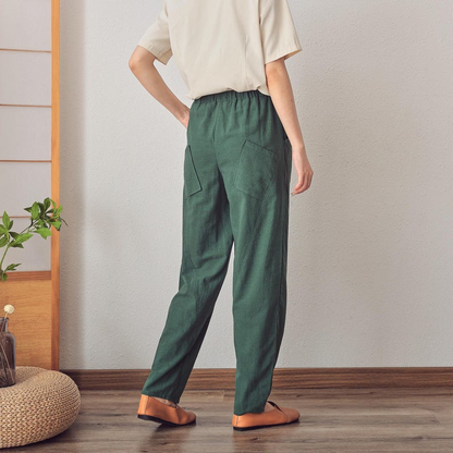 Elastic Waist Cotton Linen Pants with Pockets