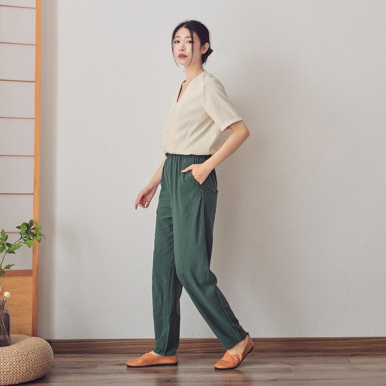 Elastic Waist Cotton Linen Pants with Pockets