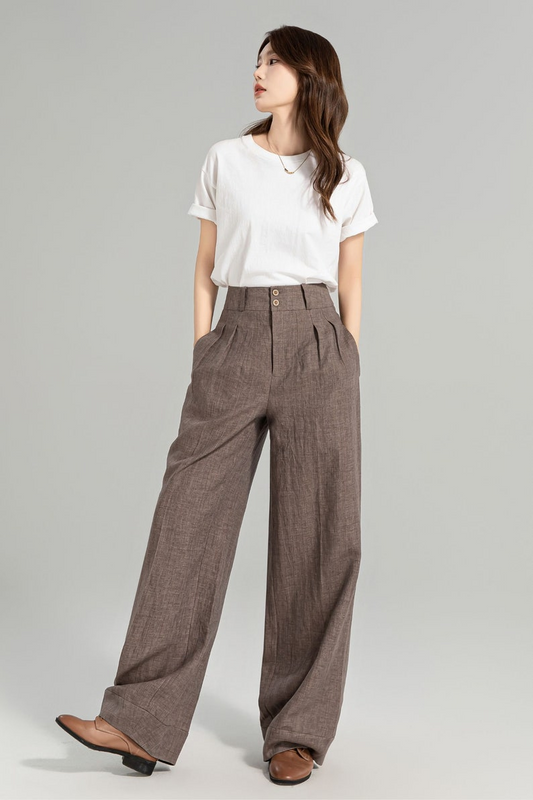 RenLepls Women’s Linen Wide-Leg Pants with Pockets